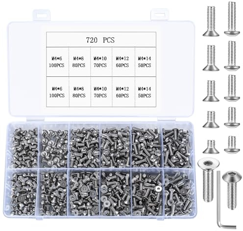 Juego de 720 Piezas Tornillos Hexagonales M4 en Acero Inoxidable, Tornillos de Cabeza Plana y Hundida para Impresoras 3D y Máquinas Métricas, 6mm/8mm/10mm/12mm/14mm