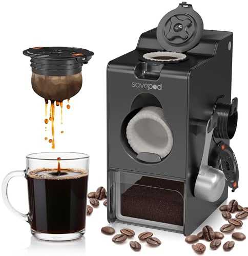 SavePod Coffee Pod Maker with Reusable Coffee Pods, Compatible with Keurig and K-Cup Coffee Machines, Smart, Easy to Use & Convenient (Black, Small)