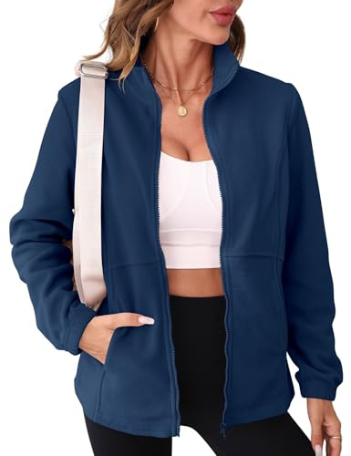 IECCP Womens Fleece Jackets Sport Ladies Lightweight Full Zip Coat Soft Touch Warm Sweater Top for Outdoor Sport (Navy Blue,16-18)