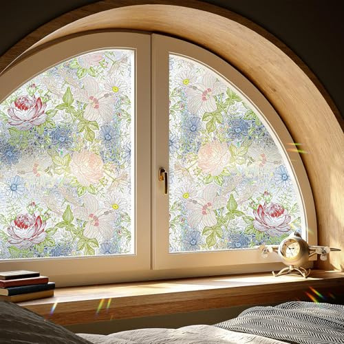 LaCheery Pellicola per Vetri Finestre Privacy Fiori Adesivi per Finestre Bagno 30cm x 200cm Pellicola Oscurante Colorata Vetri Autoadesiva Impermeabile Carta Adesiva per Vetro Camera da Letto