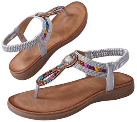 Nuoke sandalias mujer,sandalias planas, planas con tiras en T y cuentas para, con piedras preciosas de colores y elástico Transparentes (Silver, 36)