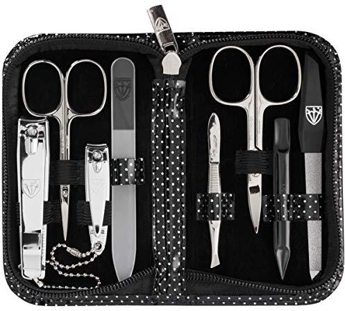 DREI SCHWERTER - Maniküreset 'Roma' - Nageletui mit 8 Instrumenten: Nagelschere, Hautschere, Fuß/Finger-Nagelknipser, Nagelreiniger, Pinzette, Glasnagelfeile, Saphirnagelfeile - schwarz/silber