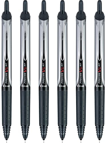Pilot Precise V5 RT Refillable & Retractable Rollerball Pens, Extra Fine Point Pens 0.5 mm, Black, Pack of 6 - Ideal for School, Journaling & Office Writing