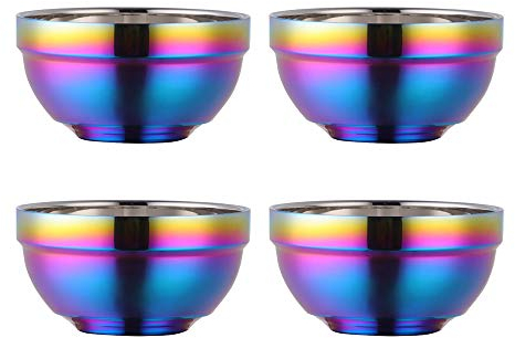 SBOMHS Müslischale aus 18/10 Edelstahl 500ml regenbogen Suppenschalen 4er set Reisschüssel Groß Nudelschale Dessertschalen breit 13 cm(5,1 inch) Metall Ramen Schüsseln Doppelschicht Anti-heiße