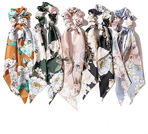 Haargummibänder mit Chiffon-Schal, aus Satin, bedruckt, geblümte Schleifenbänder, Haarschmuck, Stirnbänder im eleganten Stil, Pferdeschwanzhalter für Damen und Mädchen, 5 Stück