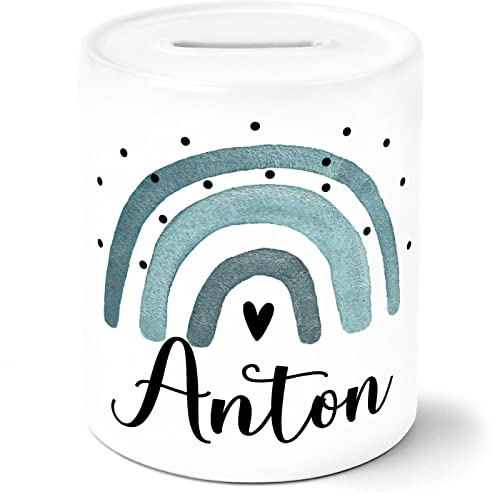 SpecialMe® Kinder Spardose mit Name bedruckt Motiv Regenbogen personalisierbare Geschenke Sparschwein Keramik Jungs weiss-blau unisize
