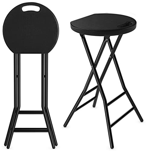 5Rcom Folding Stool,2 Pack 24 inch Tall Folding Bar Stool with Handle, Metal and Plastic Foldable Stool for Adults with Steel Frame Legs, 550lbs Capacity, Black