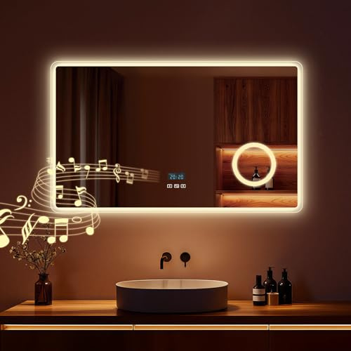 S'AFIELINA Miroir de Salle de Bain LED 100x60cm Miroir Salle de Bain avec Éclairage 3 Couleurs de Lumière Dimmable Miroir de Salle de Bain avec Interrupteur Tactile, Anti-Buée, Horloge, Bluetooth
