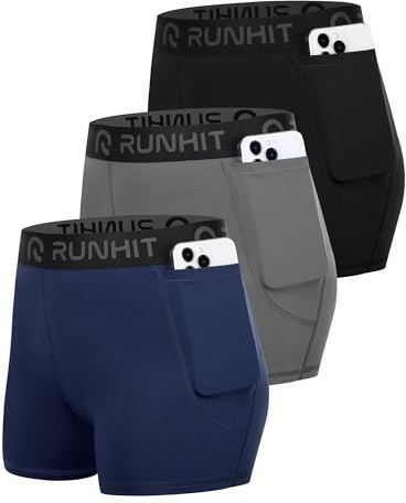 Runhit 3 Pack Compression Shorts for Women High Waisted Spandex Shorts with Pockets Yoga Running Volleyball Shorts Blue Gray Black XL
