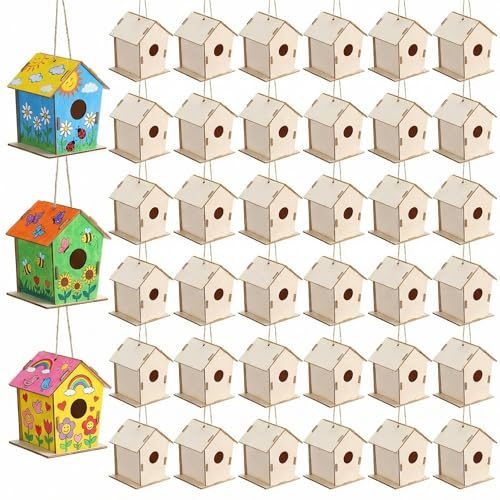 DoubleFill 12 Pcs 4.33 Wooden Bird Houses Bulk for Kids DIY Unfinished Hanging Birdhouse for Crafts Art Wood Toys boy Girl Class Activity Creative Project Parties Design Valentines Crafts