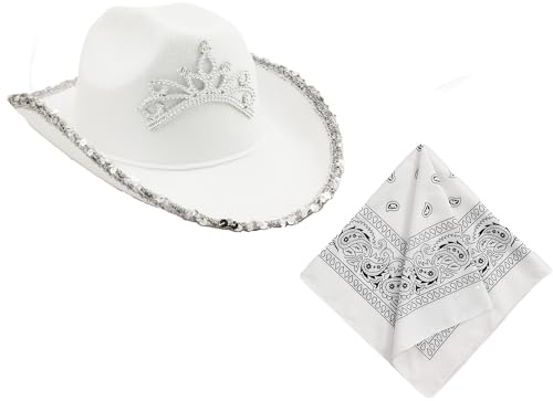 Carnavalife Sombrero Rosa Blanco Cowgirl Lentejuela Mujer, White Pink Cowboy Hat, Gorro Vaquero Rosa Sombrero Cowboy Cowgirl de Vaquero+Pañuelo Bandanas Paisley de Algodón (Blanco Lentejuela Adulto)
