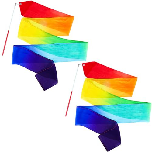Mr Rex 100% Seide Regenbogen Gymnastikband Tanzband mit Stab für Kinder Mädchen Gymnastics Dance Ribbon Wands (2- Stück)