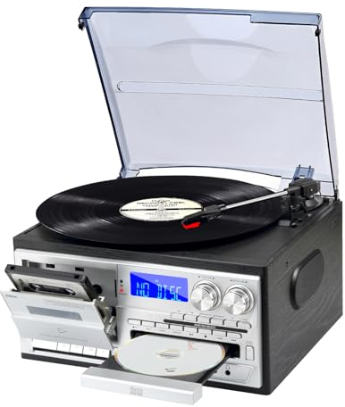 JORLAI Vintage Record Player 3 Geschwindigkeiten Plattenspieler mit Fernbedienung, Vinyl Bluetooth mit eingebauten Lautsprechern CD/Kassette AM/FM Radio USB/SD/MMC 3.5mm Aux-in/RCA-Out, Schwarz