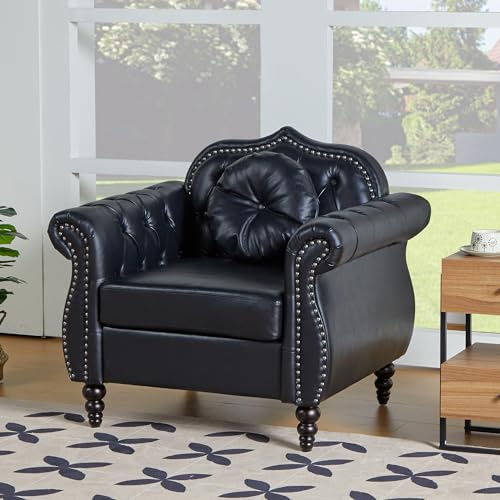 RUSTYER Accent Chair, Modern Chesterfield Leather PU Living Room Armchair, Mid-Century Modern Single Sofa Chair Upholstered Tufted Arm Chair with Pillow for Living Room, Bedroom, Office (Black)