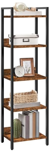 MAHANCRIS Bücherregal, Standregal, Freistehendes Regal, mit 5 Ebenen, 24 x 33 x 131 cm, Offene Ablagen für Wohnzimmer, Schlafzimmer, Büro, mit Metallrahmen, Rustikales Braun und Schwarz ABKHR5501N1