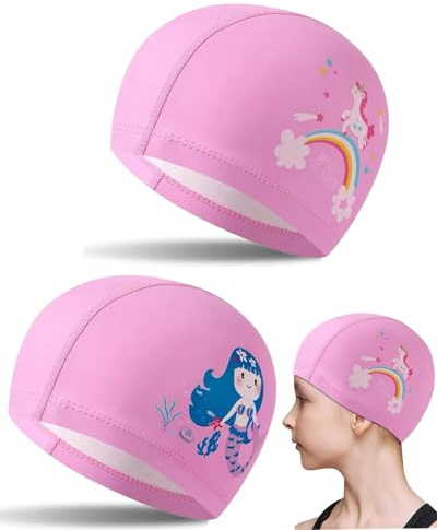 BARRU Bonnet De Bain Enfant, 2 Pièces Bonnet De Piscine Enfant, Bonnet Bain Enfants Enfant Tissu, Bonnet Piscine pour Fille Cheveux Longs, Bonnet Piscine Enfant Pour Garçons Filles 1-8 Ans(Rose)