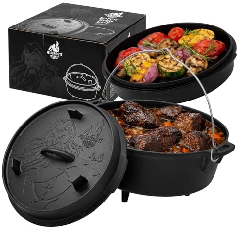 Feuergott Dutch Oven 4,5L mit Füßen – Großer Gusseisen Feuertopf für Glut, Feuerstelle, Outdoor Kochen, Camping – Für Brot, Schichtfleisch, Gulasch, BBQ, Dreibein, Braten, Familiengerichte, Bräter