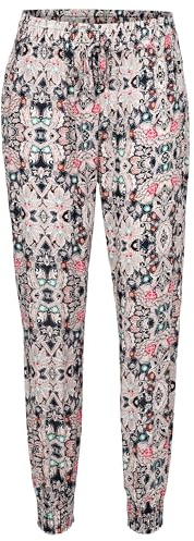 Easy Young Fashion Pantalones de verano para mujer, diseño floral, con cintura elástica, pantalones largos de estilo bohemio, pantalones de playa de tela de algodón 777, Negro , 36-40