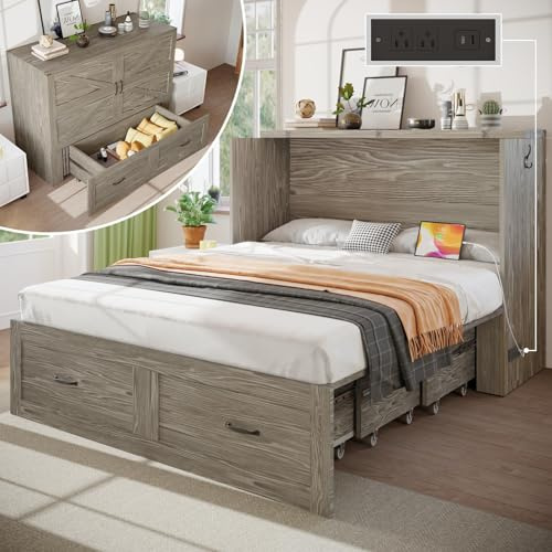 KCGKCG Full Size Murphy Bed with Storage & Charging Station, Murphy Cabinet Bed with Large Drawer for Guest Bedroom, Living Room, Office or Small Room, Full Foldable Platform Bed (Grey, Full)