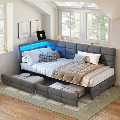 BPKADHY Säng med klädsel, bäddsoffa, 90 x 200 med LED och USB-uttag, ungdomssäng med sängbräde av trä och 2 lådor, barnsäng, soffa, dagsäng, sängställ, linnetyg, grå, utan madrass