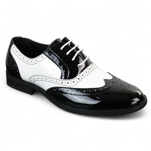 Infinity Leather Zapatos de Vestir Elegantes Dolcetto para Hombre, Estilo Brogue, de Charol Negro y Blanco, con Cordones.