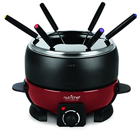 Electric Countertop Chocolate Fondue Maker - 800W 2QT Black/Red Fondue Pot Set, Cheese Melter Warmer Cooker Pot, Nonstick Melting Pot, Includes 6 Dipping Forks, Utensil Tray Lid - NutriChef