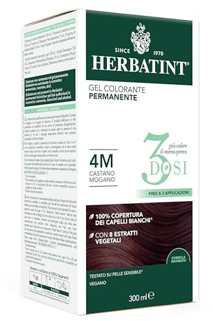 Herbatint Gel colorante permanente de 3 dosis, 300 ml – 4 m, castaño caoba, sin amoniaco, para pieles sensibles, cobertura 100% para cabellos blancos, con 8 extractos naturales biológicos