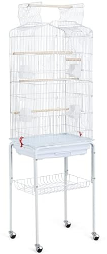 Abician Cage à Oiseaux en Métal de 150,5cm de Haut, Grande Cage à Perruche sur Pied à roulettes, Toit Ouvert, Plateau Coulissant, 4 Mangeoires, Perruche, Perroquet, Canari, Cockatiel Blanc