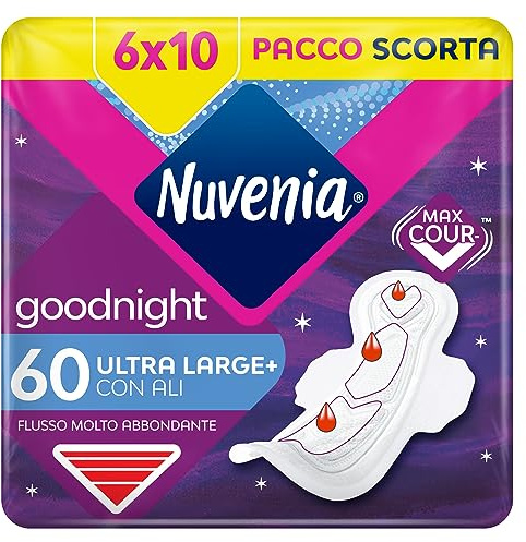 NUVENIA Ultra Notte Ali 60 Assorbenti, 6 Confezioni da 10 Assorbenti, Maxi Scorta per Comfort e Protezione, Flussi molto Abbondanti