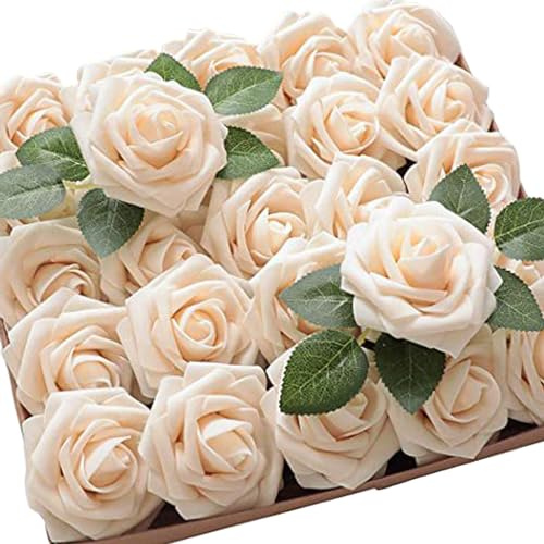 Haobase Rose artificiali, 25 rose finte in schiuma, dall'aspetto reale, per bouquet fai da te, matrimoni, feste, centrotavola, composizioni per baby shower, decorazioni per la casa (champagne)