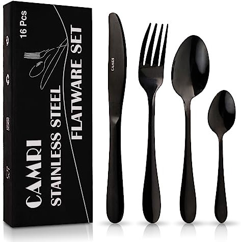 CAMRI Cutlery Set – 16 Piece Flatware Set Stainless Steel, Silverware Tableware Set, Knife Fork Spoon Set for 4 People, Dishwasher Safe/Easy to Clean (Black Mirror)