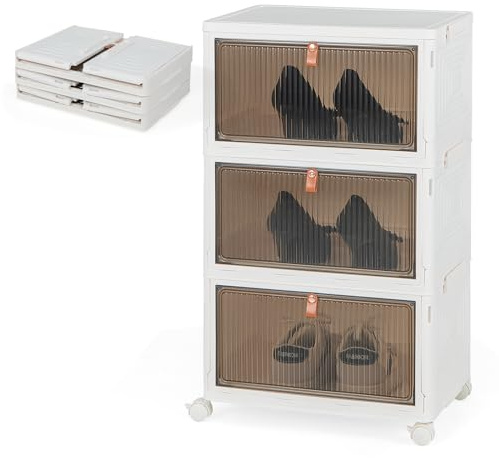 KOMFOTTEU Caja de Almacenamiento de 3 Niveles, Contenedor Apilable con Tapas y Ruedas, Caja Organizadora Transparente, Plegable para Dormitorio, Sala de Estar, 40 x 27,5 x 64 cm (3 Niveles)
