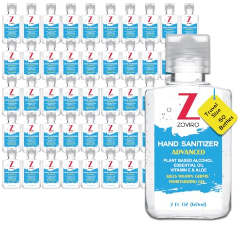 Zoviro Hand Sanitizer Gel, 2 Fl Oz Flip-Cap Bottle, Moisturizing with Essential Oils and Aloe, Refreshing Scent, Rinse-Free Formula, Mini Hand Sanitizer Travel Size (Pack of 50)