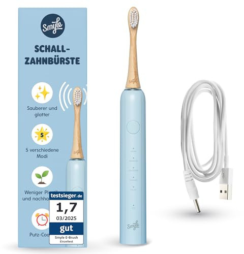 Smyle Brosse à dents sonique ultrasonique - Sourire blanc éclatant et nettoyage efficace - Étanche - Avec têtes de brosse en bambou - Bleu