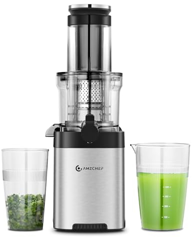 AMZCHEF Juicers Whole Fruit and Vegetable 80MM, Cold Press Juicer Machines with Large Feed Chute, Stainless Steel Slow Masticating Juicer with Anti-Drip Design, Upgraded Auger, Double-Layer Filter