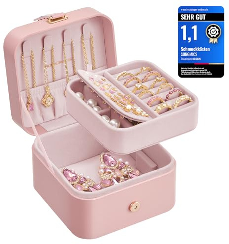 SONGMICS Jewellery Box, 2-Layer Jewellery Storage, 11.2 x 11.8 x 7.2 cm Travel Jewellery Box, Portable Jewellery Case, Small, Spacious, for Larger Accessories, Gift Idea, Jelly Pink JBC185R02