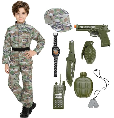 maxToonrain Costume militare per bambini a maniche lunghe mimetico verde 11 pezzi set XL per 12-14 anni