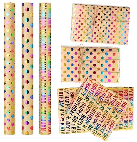 CAAGGMM Presentpapper födelsedag, 3 stycken 43 x 300 cm presentpappersrulle kraft glittrande, metallisk glans färgglatt blandat mönster wrapping papper, för födelsedagspresenter, brun