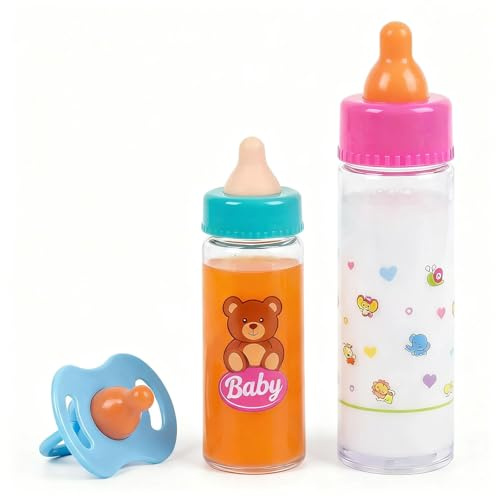 Set of 3 Baby Doll Bottle - Baby Dolls Feeding Accessories Set, Magic Dolls Bottles Toy with Disappearing Milk & Juice and A Toy Pacifier Dummy, Pretend Role Play Toy for Children 3 Years+
