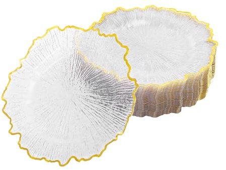 njxbrek 25 Pcs Reef Charger Plates Bulk Clear with Rim, 13 Inch Charger Plates, Clear with Gold Rim Flower Shape Charger Plate for Wedding, Party, Dinner Table (Clear Gold)