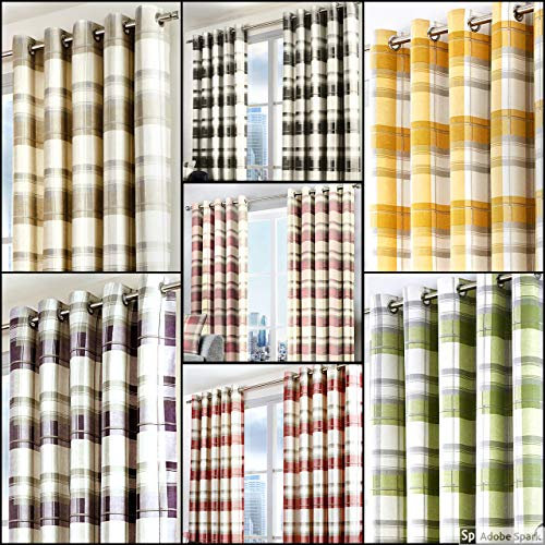 Fusion - Balmoral Check - 100% Cotton Pair of Eyelet Curtains - 90 Width x 90 Drop (228 x 228cm) in Natural, Nautral