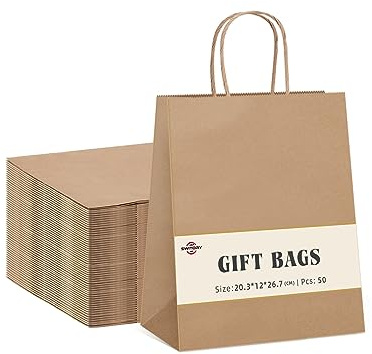 Switory Bolsa de papel Kraft de 50 piezas con asa, bolsa de regalo de compras marrón de 20x12x26,5cm para regalos de fiesta, embalaje, personalización, transporte, venta al por menor, boda