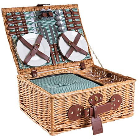 eGenuss Picknickkorb für 4 aus Weidengeflecht mit Kühlfach & Zubehör – Geschenk für Camping & Outdoor – GRÜN