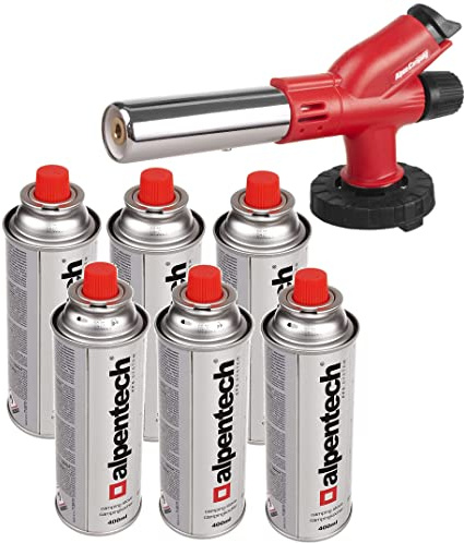 Alpen Camping Gasbrännare Patron Brännare Lågtemperatur 1700 C Piezotändning Lågreglering Blåslampa Gas Tändare Blåslampa För Gaspatroner (Gasbrännare + 6x 400ml Patroner)