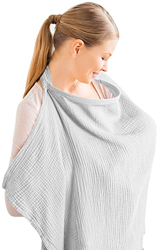 Konssy Muslin Nursing Cover for Baby Breastfeeding, Breathable 100% Cotton Breastfeeding Cover with Rigid Hoop for Mother Nursing Apron, Multi-use Carseat Canopy (Grey)