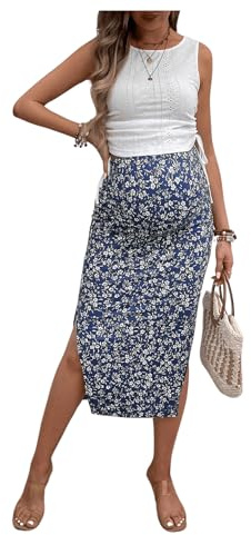 Milumia Women's Maternity Outfits 2 Piece Eyelet Ruched Tank Top and Floral Double Slit Midi Skirt Sets Navy Blue Medium
