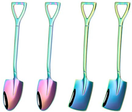 Stainless Steel Spade Spoons,DBAILY 4 PCS Shovel-Shaped Creative Coffee Spoon Dessert Spoon Ice Cream Scoop Stir Watermelon Spoon for Dining Table Restaurant Reunion (Magic Color)