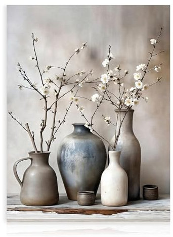 Dazzlewall Vintage Floral Wall Art, Rustic Still Life with Ceramic Vase and Dried Flowers Painting for Living Room Bedroom Bathroom Decor 12x16 in Unframed