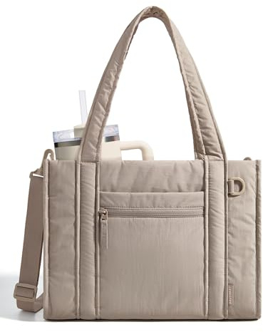 BAGSMART Boxy Tote Bag for Women, Crossbody Bag with Zipper, Crush Bow Purses for Travel Work College, Camel, Small