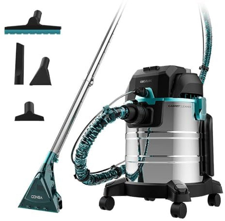 Cecotec Aspirador Sólidos, Líquidos, Tapicerías y Alfombras con Cable Conga CarpetClean 20000 MAX. 1400W, 22Kpa, Depósito Agua Limpia 4L y Sucia 20L, Filtro HEPA, Radio de Acción 7m